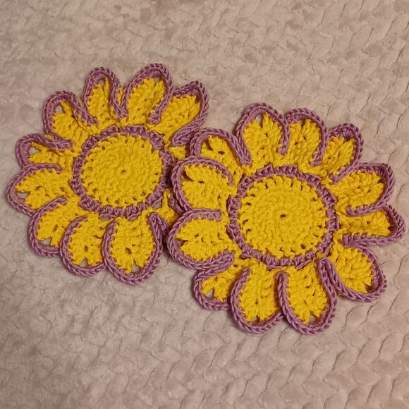 Hand Crafted Other - Hand Crafted Crochet Gold & Purple Flower Coasters, Set of 2